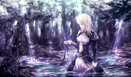 HD PC desktop wallpaper featuring an anime scene from Fate/Stay Night with a character standing in a mystical, glowing forest setting.
