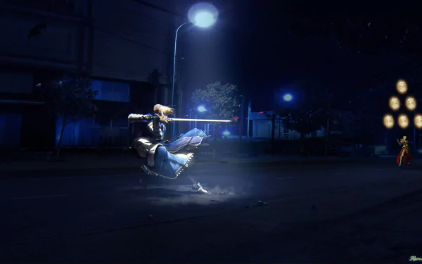 HD PC desktop wallpaper featuring Archer and Saber from the Fate/Stay Night anime series in a dark, illuminated nighttime street scene.