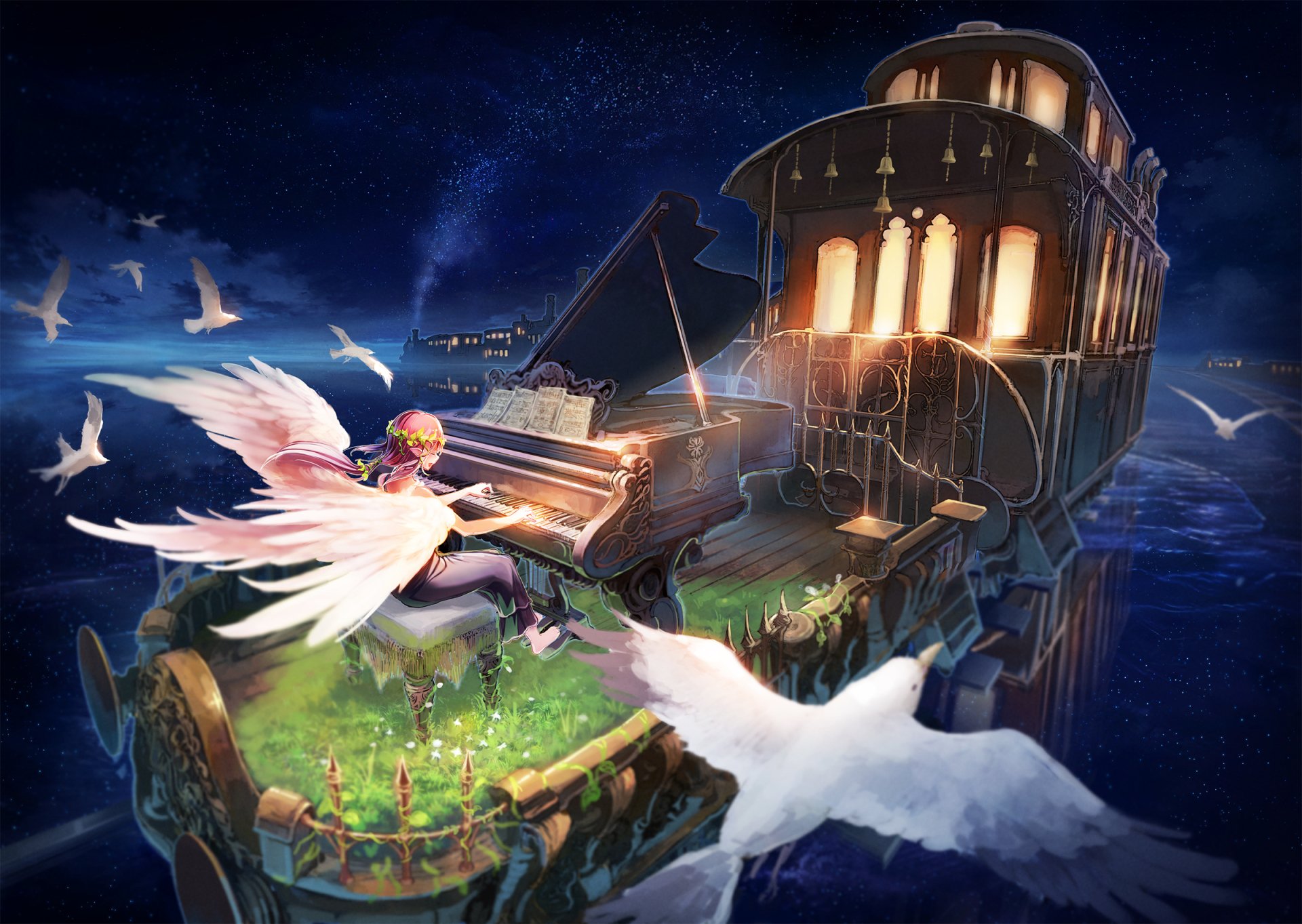 Anime-style angel playing a grand piano on a floating garden platform beneath a glowing, ornate train carriage, surrounded by large white birds in an HD desktop wallpaper.