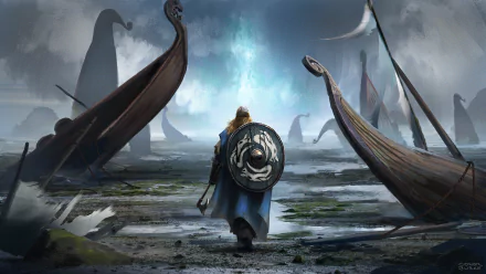 A fantasy landscape featuring a warrior with a shield, walking among Viking drakkars under a dramatic sky, capturing the essence of adventure and epic battles in a digital art style.