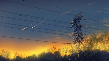 HD anime-style desktop wallpaper featuring a power line tower against a sunset sky with glowing trails streaking across the horizon.