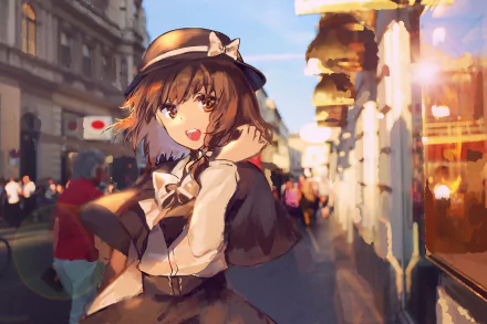 A vibrant HD desktop wallpaper featuring Renko Usami from the Touhou anime series. Renko smiles warmly in a bustling city street at sunset, creating a lively and captivating background.
