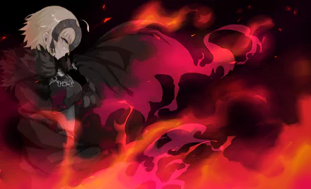 HD anime wallpaper featuring Jeanne d'Arc Alter from Fate/Grand Order, with short white hair, yellow eyes, armor, engulfed in fiery flames as Avenger.
