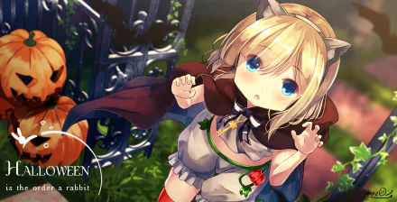 HD anime Halloween wallpaper featuring Sharo Kirima from Is the Order a Rabbit dressed in a cat costume with pumpkins and a spooky gate in the background.