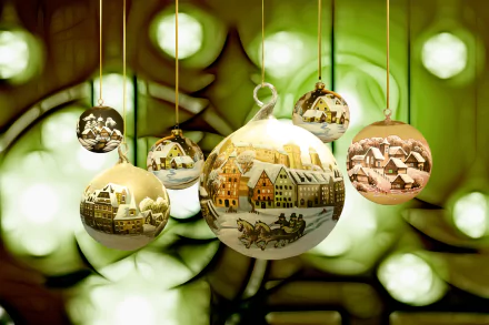 HD desktop wallpaper featuring shiny Christmas baubles decorated with festive holiday village scenes, softly glowing against a green bokeh background.