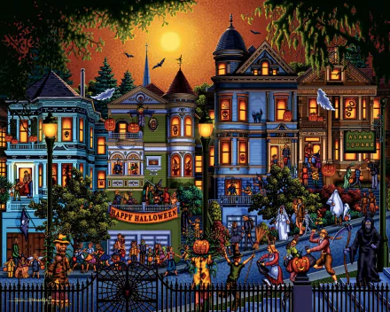 A colorful, festive street decorated for Halloween with charming houses and cheerful trick-or-treaters. The scene is lively under a glowing orange sky, creating a warm holiday atmosphere. Text: Happy Halloween.