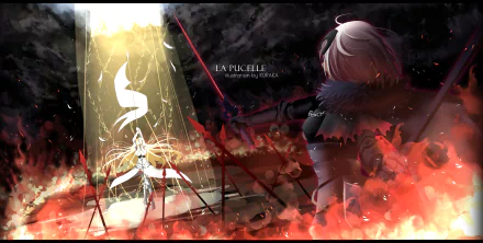 Anime-themed HD wallpaper featuring Jeanne d'Arc Alter from Fate/Grand Order wielding a sword amidst flames, standing before a glowing flag with intense light. The background text reads La Pucelle.