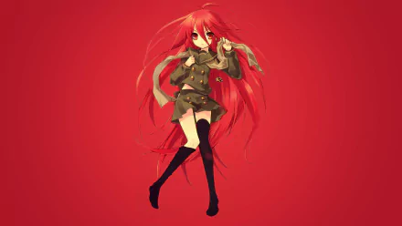 HD anime desktop wallpaper featuring Shana from Shakugan No Shana with vibrant red hair and a dynamic pose against a bold red background.
