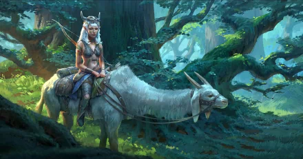 Anime original HD PC desktop wallpaper and background: a horned female warrior in tribal garb rides a long-eared white beast through a sun-dappled, mossy ancient forest.