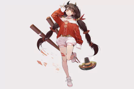 Anime girl with long twin braids and a red outfit, holding a weapon, presented in 4K Ultra HD as a PC desktop wallpaper and background.