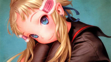 HD PC desktop wallpaper/background — anime (Last Exile) close-up of a blonde, blue‑eyed girl with pink hair clips wearing a dark uniform against a teal backdrop.