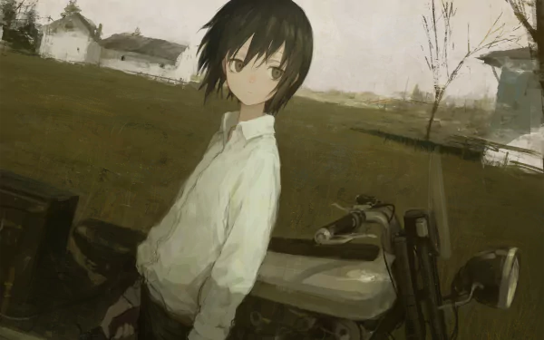 HD anime wallpaper featuring Kino and Hermes from Kino's Journey, set in a muted countryside scene with Kino leaning against a motorcycle.