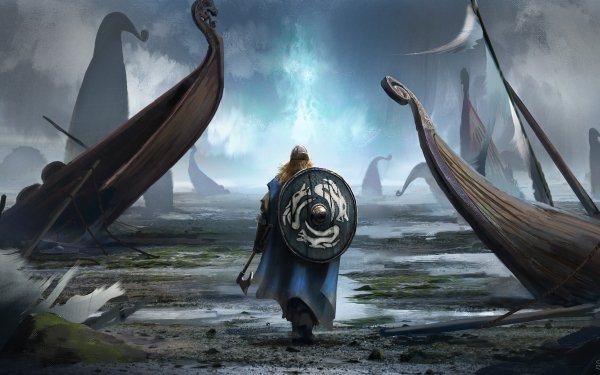 Fantasy Viking Warrior Drakkar Shield Landscape HD Wallpaper | Background Image