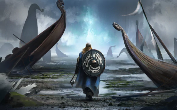 A fantasy landscape featuring a warrior with a shield, walking among Viking drakkars under a dramatic sky, capturing the essence of adventure and epic battles in a digital art style.