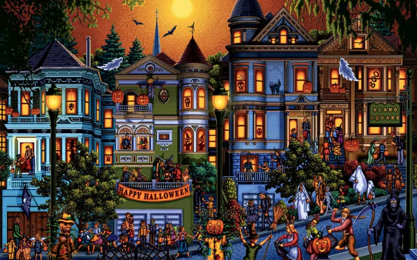 A colorful, festive street decorated for Halloween with charming houses and cheerful trick-or-treaters. The scene is lively under a glowing orange sky, creating a warm holiday atmosphere. Text: Happy Halloween.