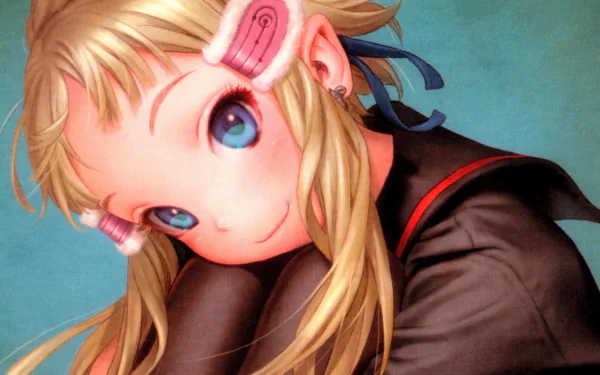 HD PC desktop wallpaper/background — anime (Last Exile) close-up of a blonde, blue‑eyed girl with pink hair clips wearing a dark uniform against a teal backdrop.
