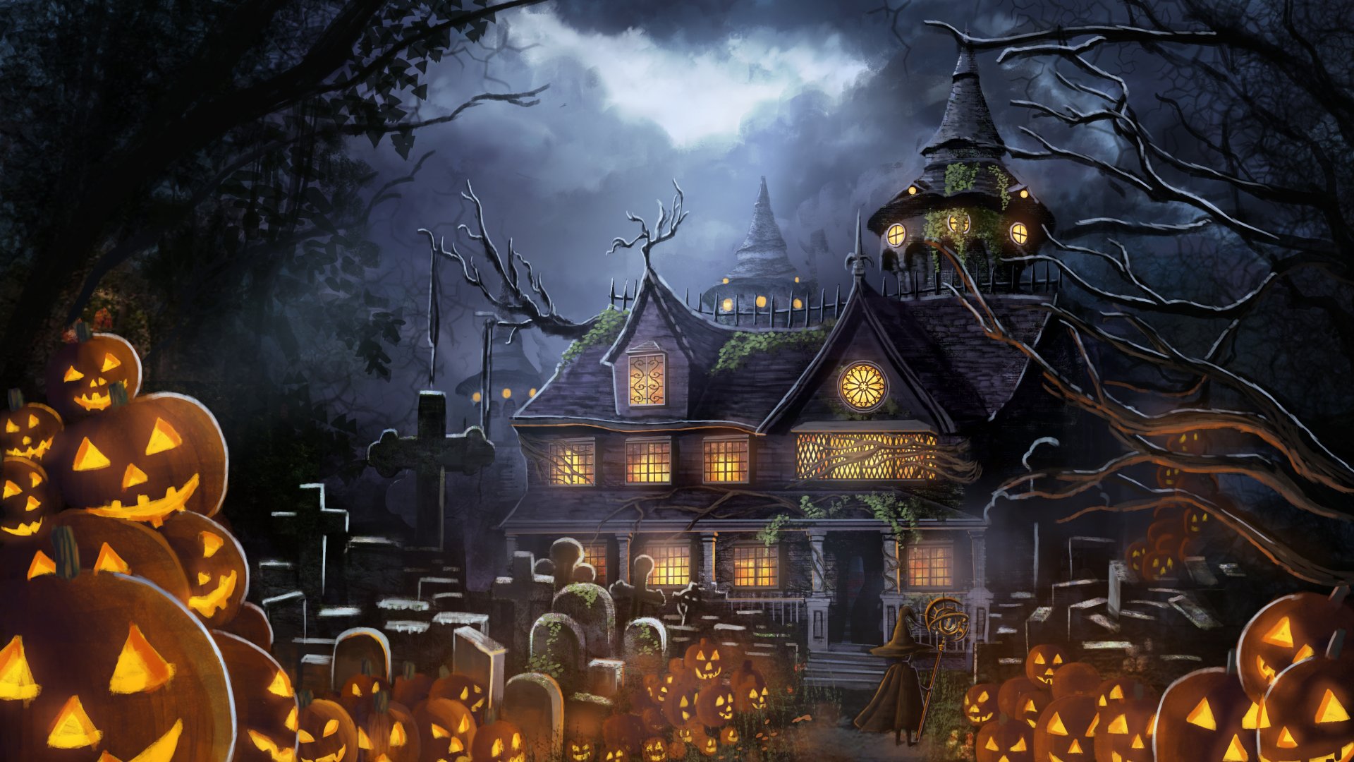 Halloween Night: Original Anime 4K Ultra HD Haunted Mansion Wallpaper by えす, image size:1920x1080