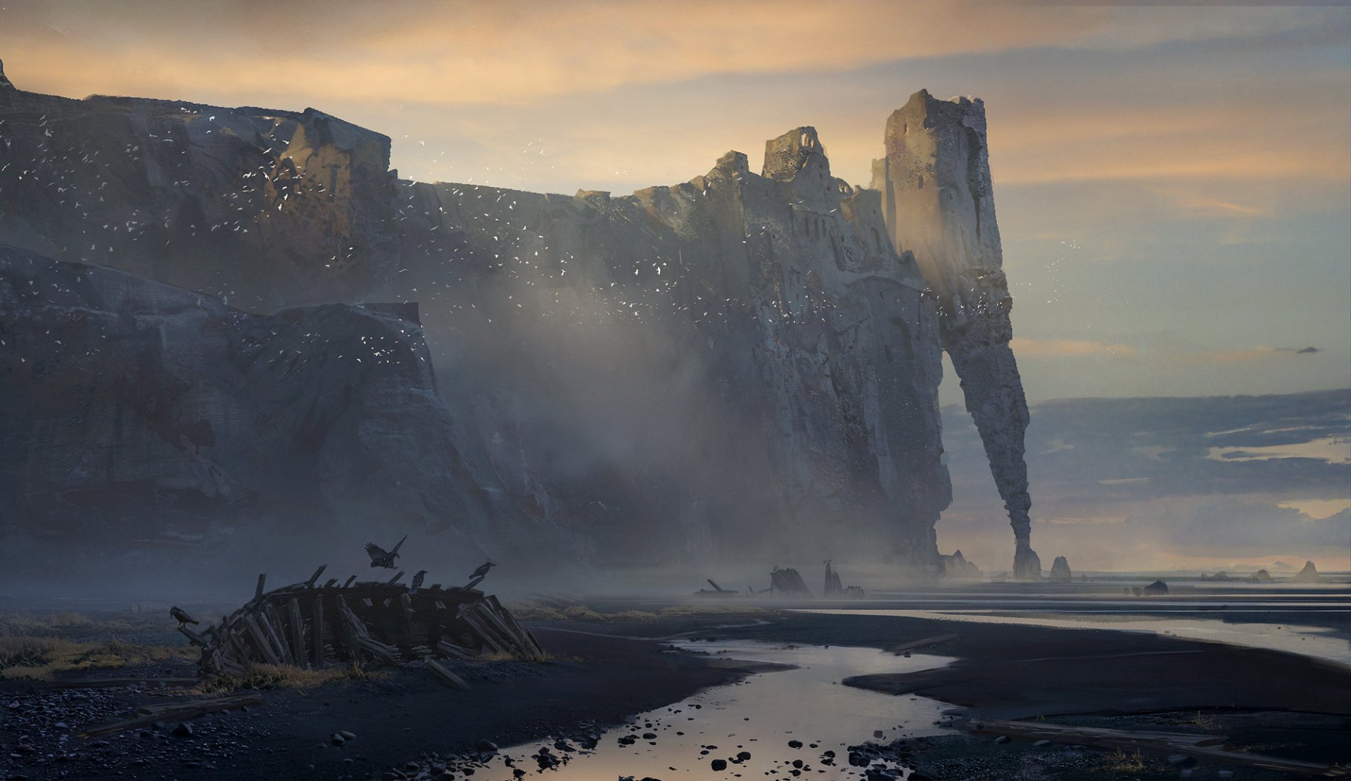 HD desktop wallpaper featuring a fantasy coastscape with towering cliffs, a misty atmosphere, and the wreck of a structure on the beach. The scene exudes a mysterious, otherworldly vibe.