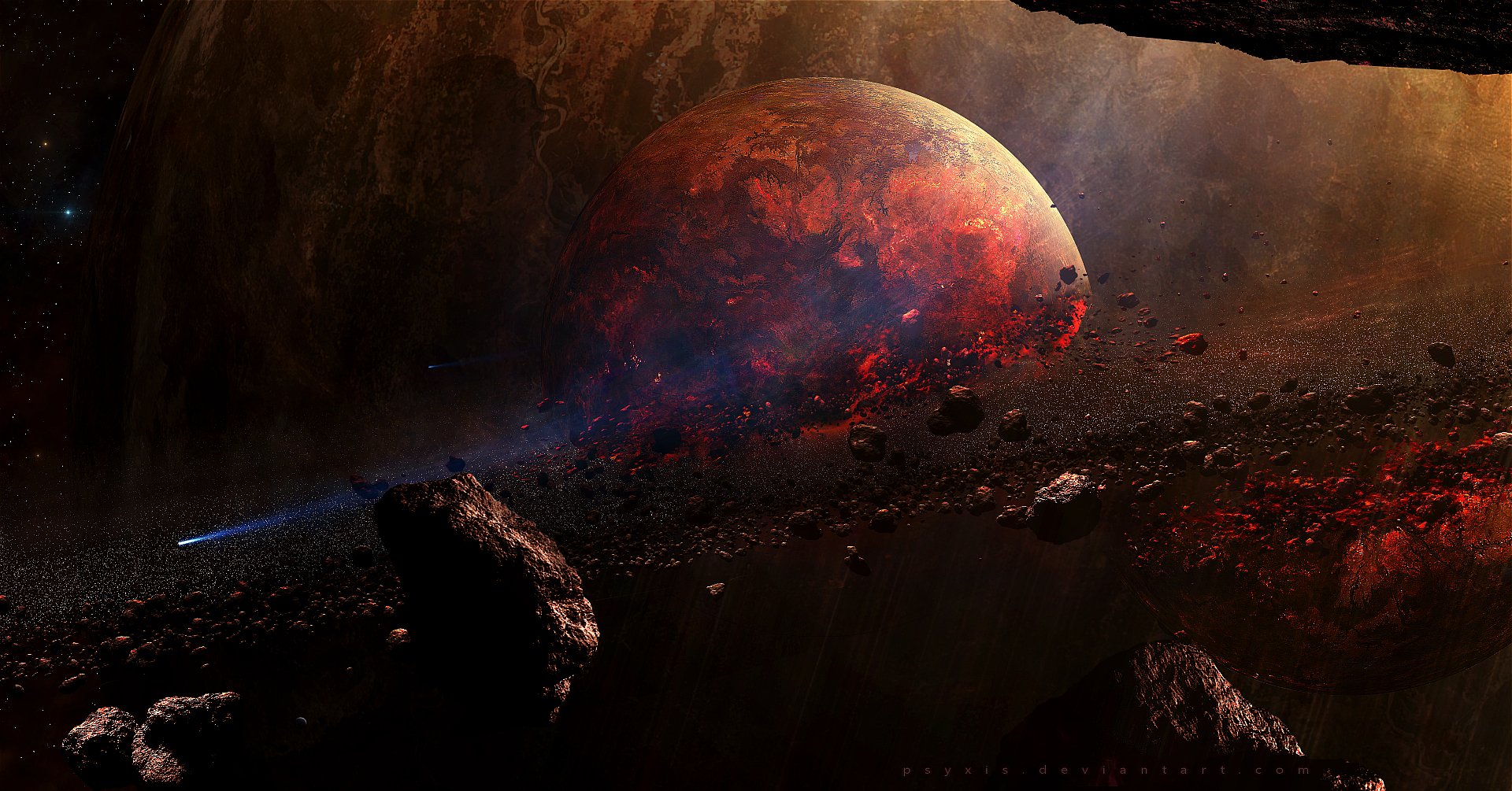A stunning HD Sci-Fi desktop wallpaper showing an asteroid belt with a fiery planet in the background, set in the vastness of space.