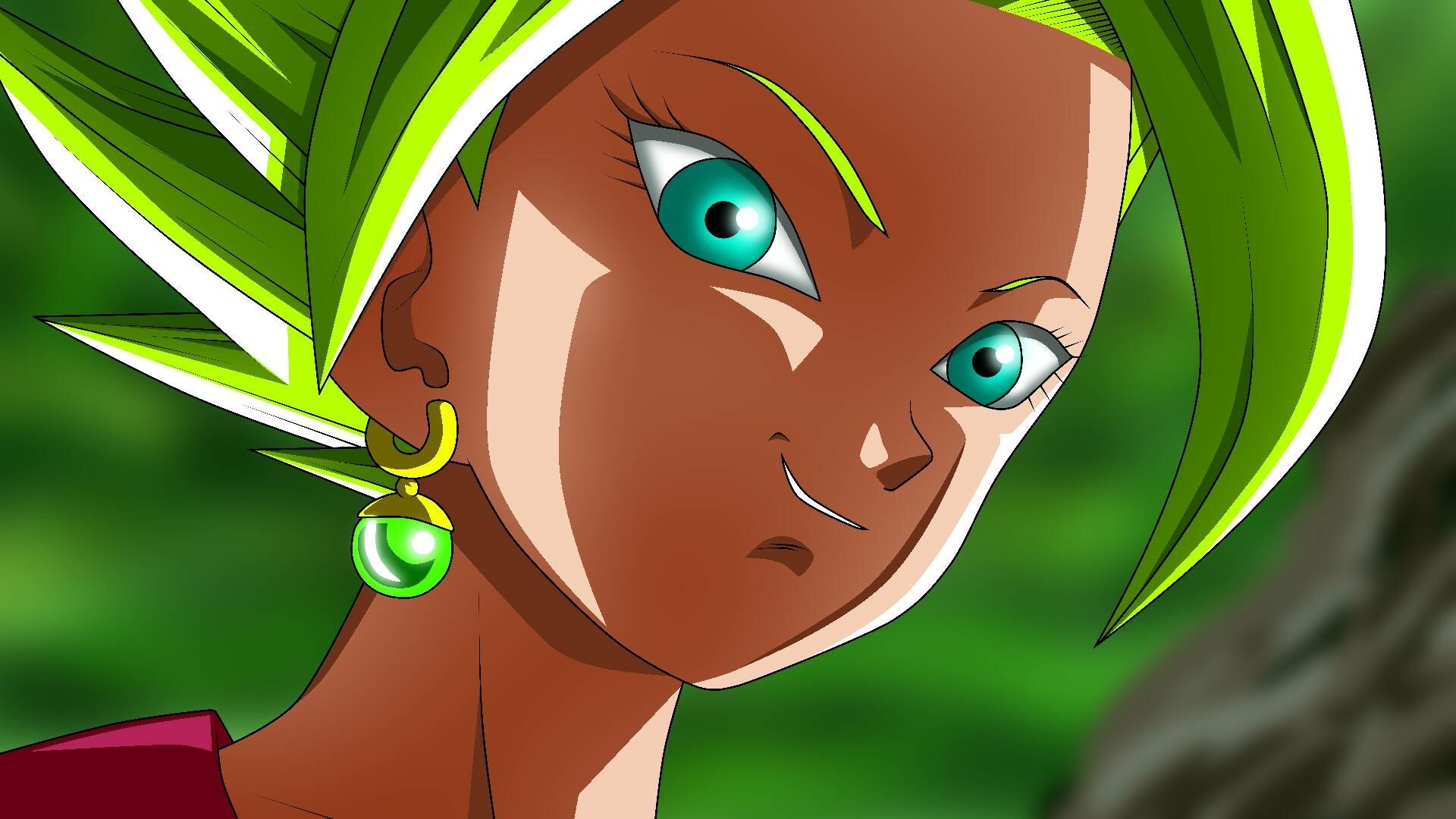 HD Dragon Ball Super anime desktop wallpaper: close-up of a fierce green-haired fighter with teal eyes and a glowing green Potara earring.