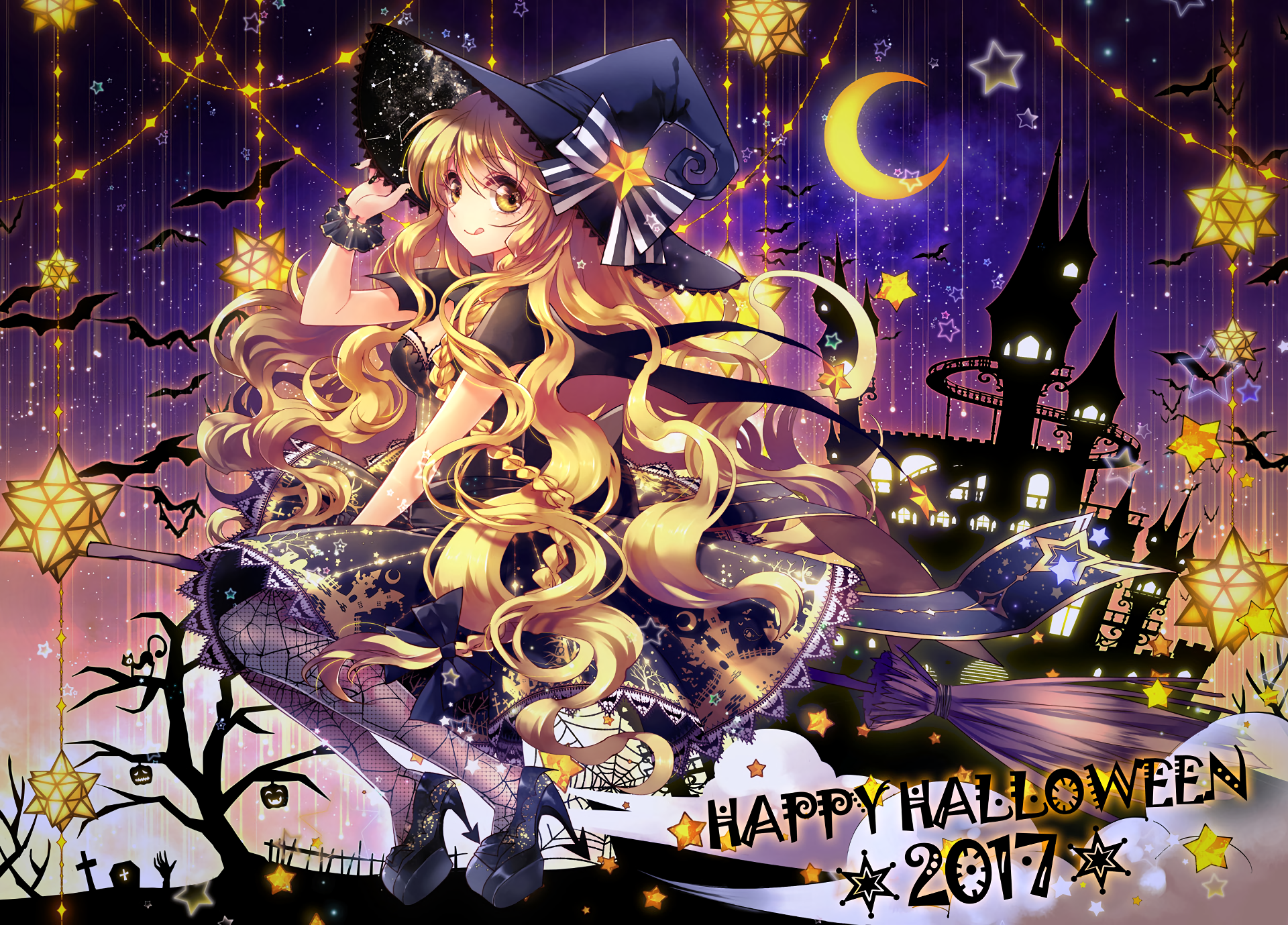 HD desktop wallpaper featuring Marisa Kirisame from Touhou in a vibrant Halloween-themed anime style with glowing stars and a crescent moon backdrop.