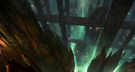 HD fantasy landscape depicting a mysterious, misty cavern with glowing green light and ancient stone bridges, designed as a PC desktop wallpaper.