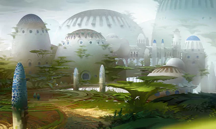 HD fantasy PC desktop wallpaper depicting a misty landscape with futuristic dome-shaped buildings surrounded by lush greenery and soft natural light.