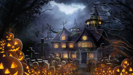 4K Ultra HD anime-style Halloween scene featuring a spooky haunted house surrounded by glowing jack-o'-lanterns and a foggy graveyard under a moonlit sky.