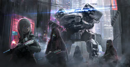 Anime-style wallpaper featuring a dystopian scene with cloaked figures and futuristic weapons against a neon-lit city backdrop, highlighting a massive gun-wielding robot.