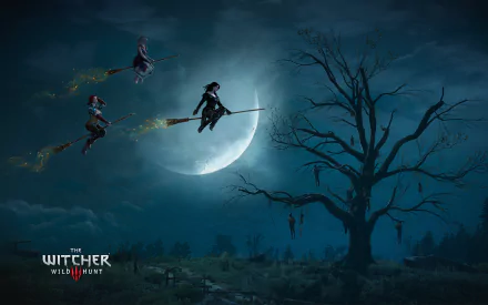 HD desktop wallpaper featuring Keira Metz, Triss Merigold, and Yennefer of Vengerberg flying on broomsticks against a moonlit sky from the video game The Witcher 3: Wild Hunt.