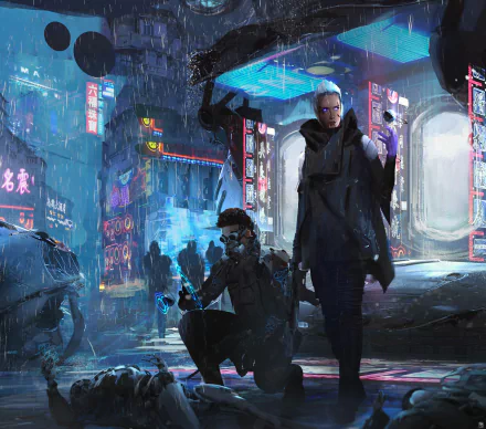 A high-definition cyberpunk wallpaper featuring a neon-lit, rainy street scene. Two characters stand in the foreground, surrounded by a futuristic cityscape with glowing signs and dark silhouettes.