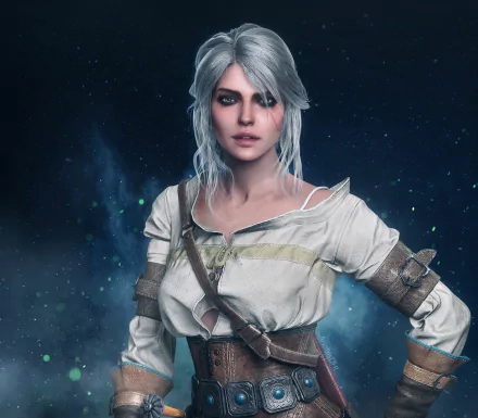 HD wallpaper featuring Ciri from The Witcher 3: Wild Hunt, showcasing her in-game character with silver hair and warrior attire against a dark, mystical background.