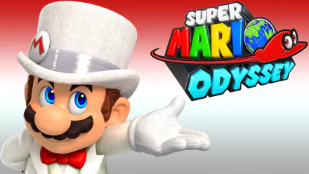 HD desktop wallpaper featuring Mario from the video game Super Mario Odyssey in a white suit and top hat, with the game's logo on a red and white gradient background.