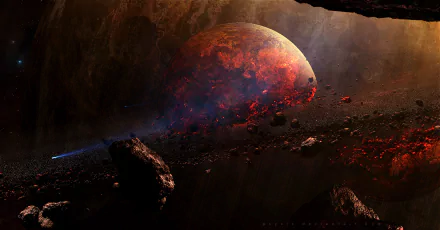 A stunning HD Sci-Fi desktop wallpaper showing an asteroid belt with a fiery planet in the background, set in the vastness of space.