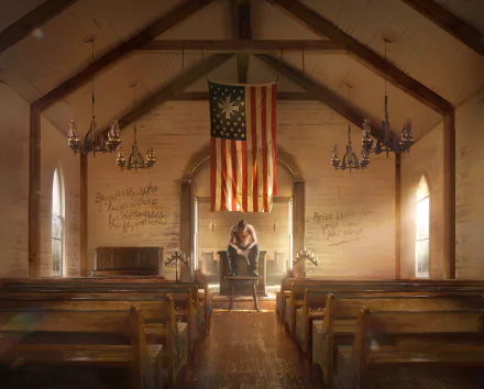 HD desktop wallpaper from the video game Far Cry 5, featuring a man sitting alone in a church with an American flag hanging above. The scene is lit with warm, natural light.
