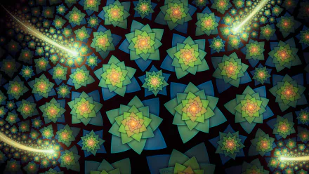 HD PC desktop wallpaper showing an abstract fractal pattern of layered geometric flower mandalas in green and blue with glowing trails on a dark background.