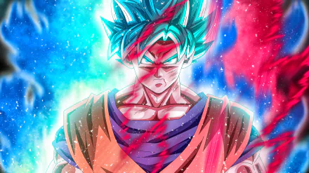 High-definition desktop wallpaper featuring an intense scene from Dragon Ball Super with a powerful character in a dynamic pose, surrounded by vibrant blue and red energy.