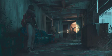 A post-apocalyptic sci-fi night scene showing a person facing a glowing robotic deer inside a dark, abandoned building.