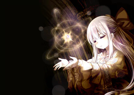 A HD desktop wallpaper featuring an anime character with white hair performing magic. The magical aura is visually striking, complementing the dark background.