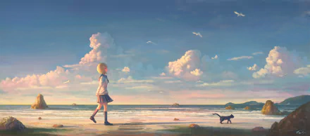 An anime girl in a school uniform walks on a beach with a cat under a vibrant sky with clouds. The ocean stretches toward the horizon. She has short blonde hair and the scene exudes a calm mood.