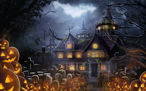 4K Ultra HD anime-style Halloween scene featuring a spooky haunted house surrounded by glowing jack-o'-lanterns and a foggy graveyard under a moonlit sky.