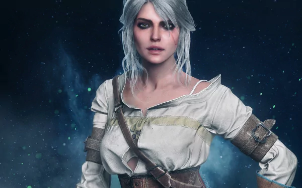 HD wallpaper featuring Ciri from The Witcher 3: Wild Hunt, showcasing her in-game character with silver hair and warrior attire against a dark, mystical background.
