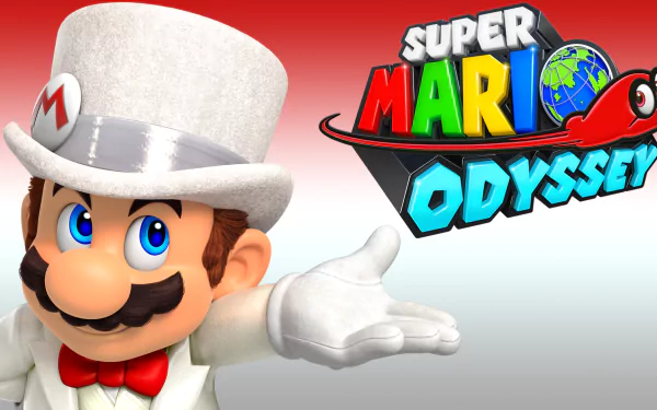 HD desktop wallpaper featuring Mario from the video game Super Mario Odyssey in a white suit and top hat, with the game's logo on a red and white gradient background.