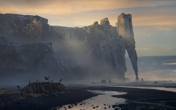 Fantasy Landscape Wreck Cliff Coast HD Wallpaper | Background Image