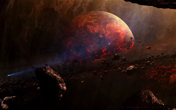 A stunning HD Sci-Fi desktop wallpaper showing an asteroid belt with a fiery planet in the background, set in the vastness of space.