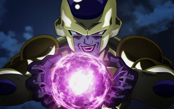 HD desktop wallpaper of Frieza from Dragon Ball Super, depicting the character with a menacing expression, holding a glowing purple energy orb against a dark, cloudy background.