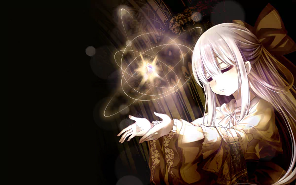 A HD desktop wallpaper featuring an anime character with white hair performing magic. The magical aura is visually striking, complementing the dark background.