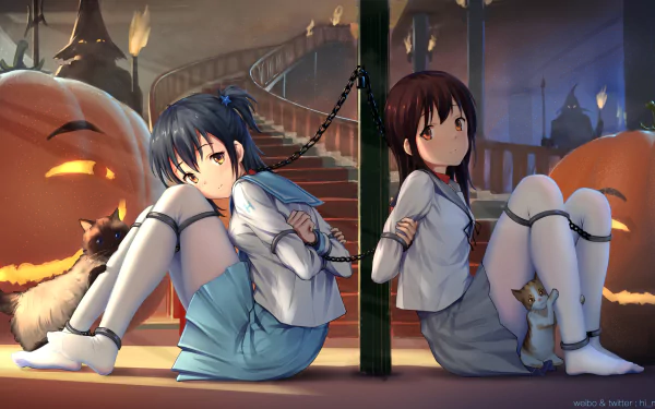HD anime-style wallpaper featuring two schoolgirls in thigh highs chained back-to-back with cats and large pumpkins, blending a school uniform theme with a Halloween vibe.