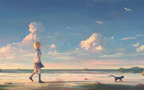 Anime Beach Cat Horizon Ocean Sky Cloud Blonde Short Hair School Uniform Mood Skirt HD Wallpaper | Background Image