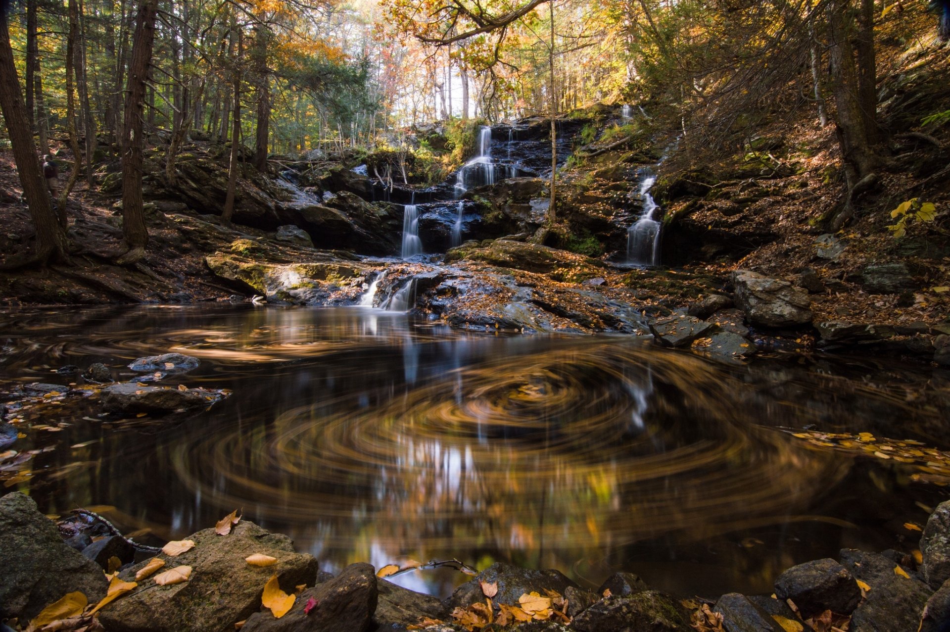 A serene HD desktop wallpaper of a fall forest with a cascading waterfall flowing into a stream, surrounded by autumnal foliage.